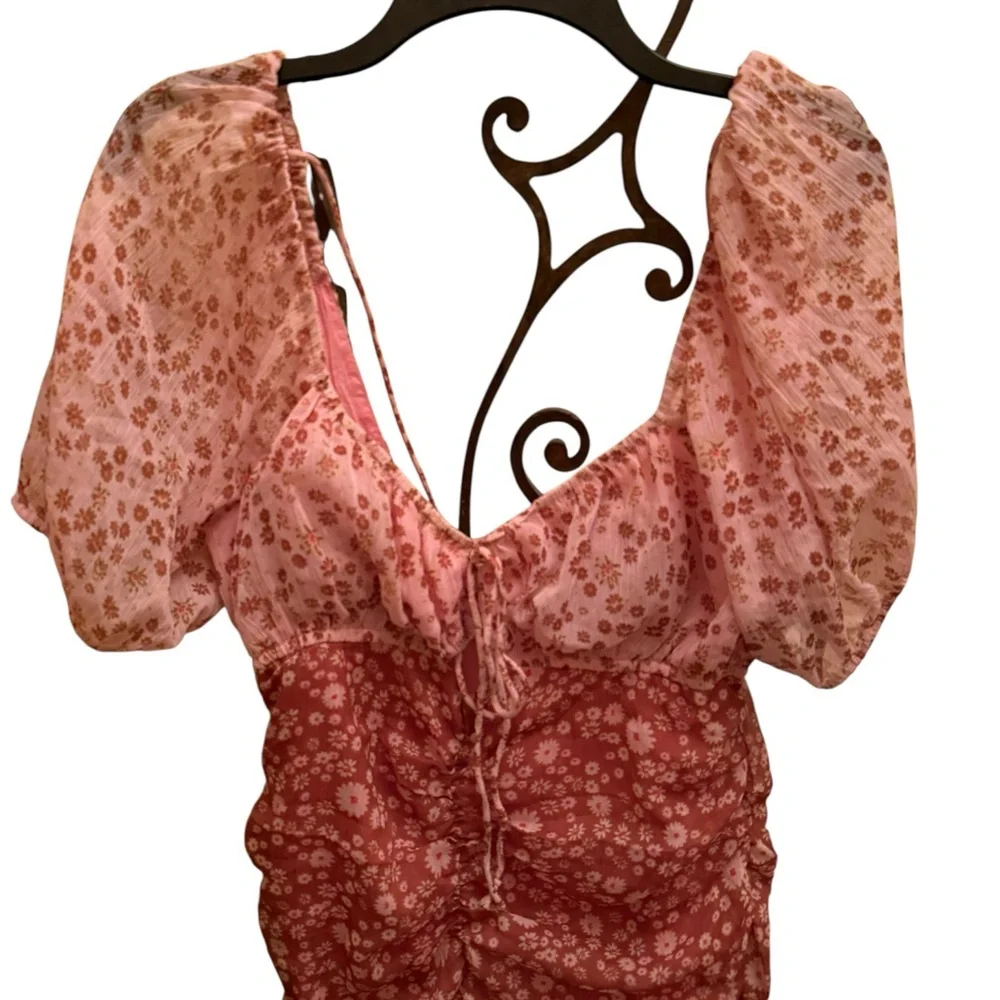 Free People Elegant Backless Floral Dress Puffy Sleeves Size Medium - Picture 5 of 8